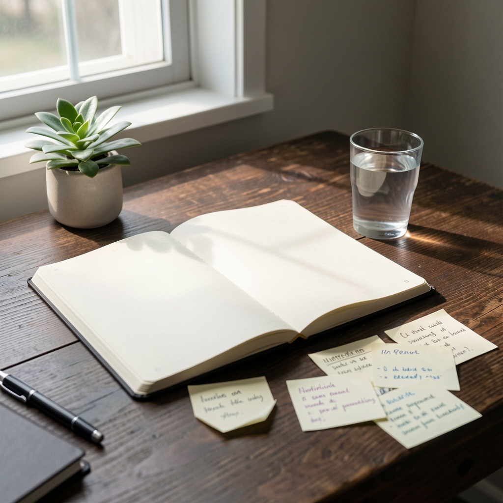 Nutritionist's desk with a spread of printed research papers, a cup of tea and an open food journal, photographed from above in soft daylight