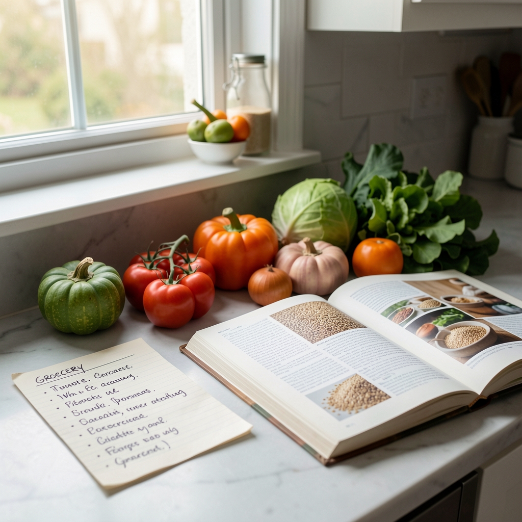 Quiet kitchen counter with a handwritten grocery list, seasonal vegetables and a well-used cookbook open to a page about whole grains, natural window light