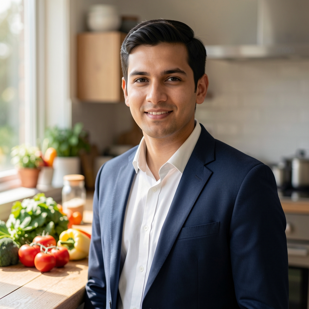 Portrait of Imogen Pembroke, guest writer and nutritional advisor, photographed standing in a sunlit kitchen beside a wooden countertop with fresh vegetables