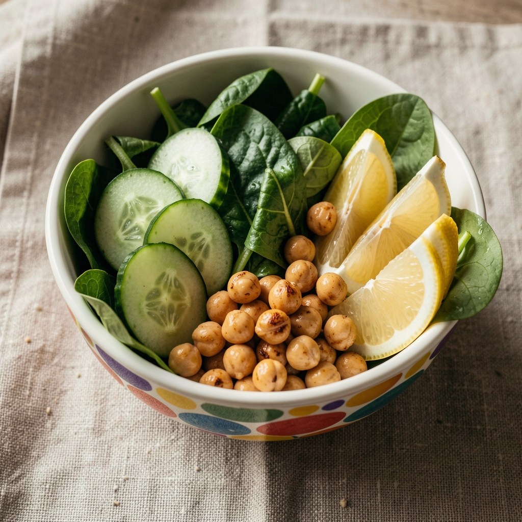Close-up of a colourful bowl filled with leafy greens, sliced cucumber, roasted chickpeas and lemon wedges on a weathered linen surface
