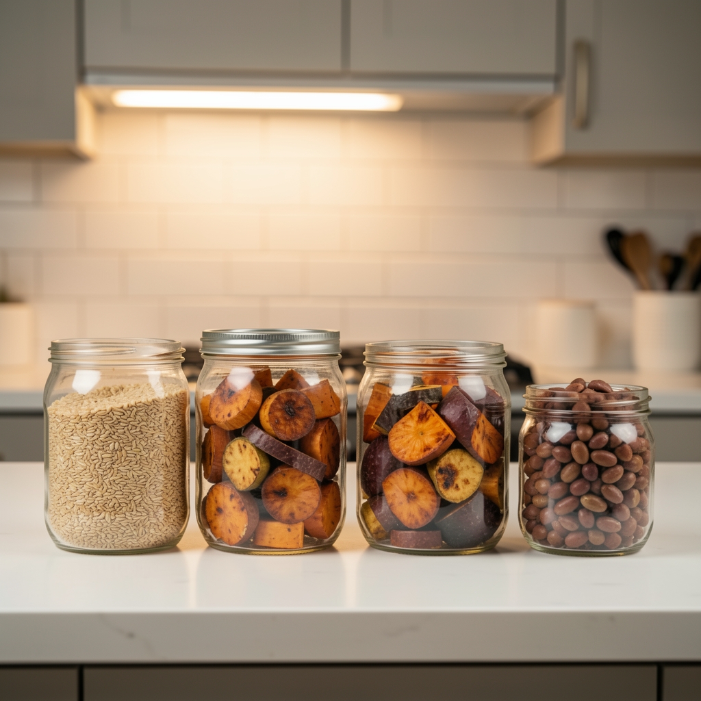 Weekly meal prep containers arranged on a clean kitchen counter — grains, roasted root vegetables and legumes in glass jars under warm overhead light