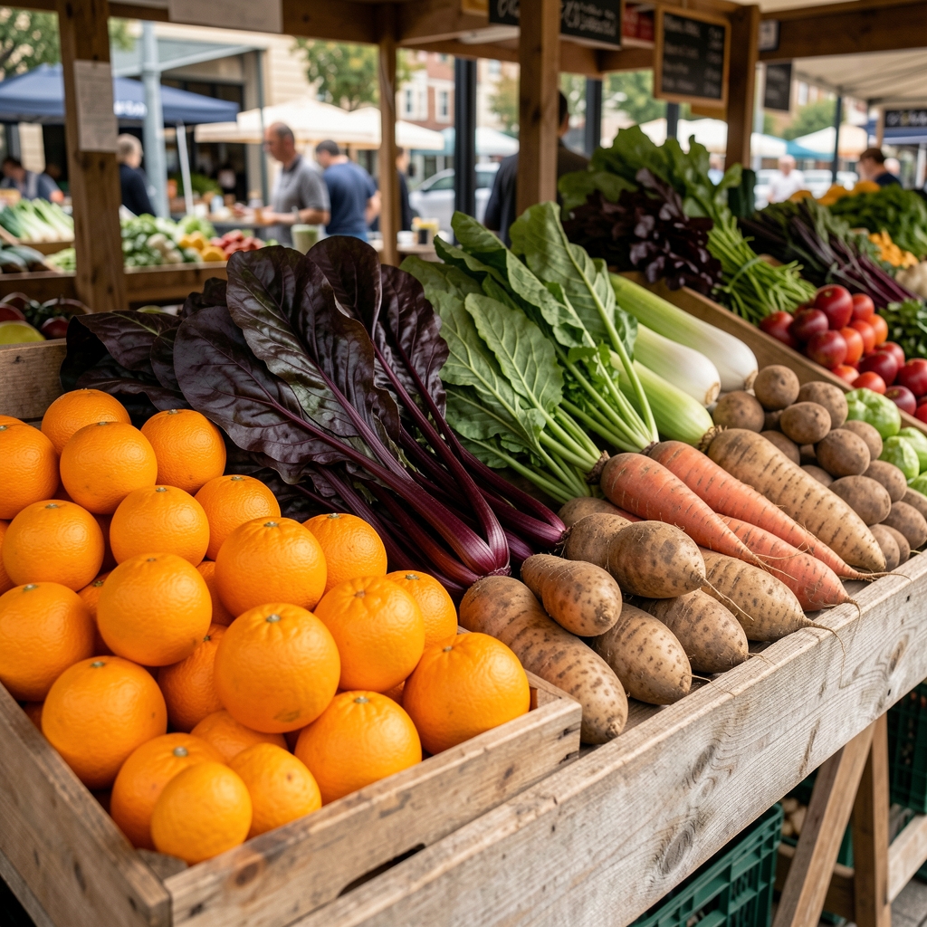 Fresh seasonal fruit and vegetables laid out on a wooden market stall — bright oranges, dark leafy greens and earthy root vegetables under natural daylight
