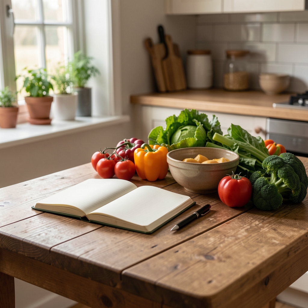 Wooden kitchen table with an open notebook, fresh seasonal vegetables arranged beside a ceramic bowl, soft morning window light