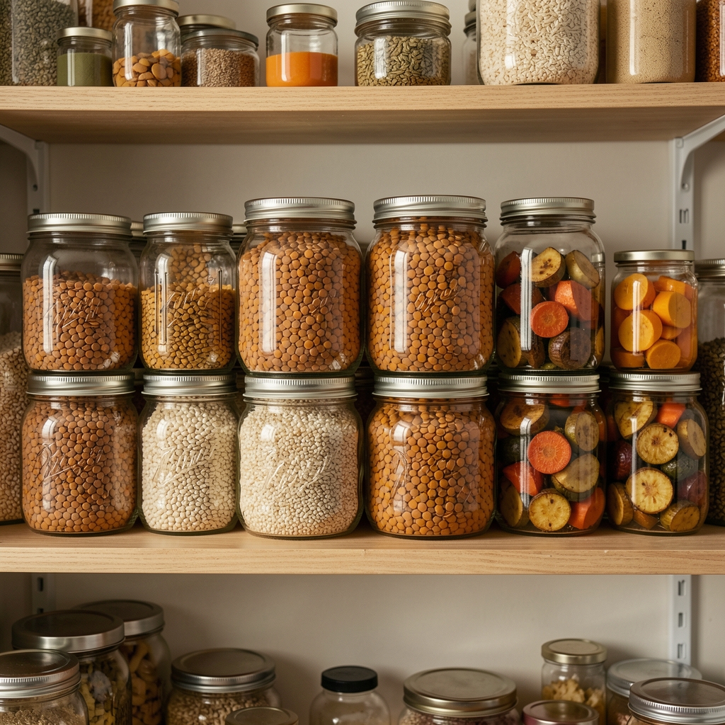 Glass storage jars filled with cooked lentils, barley and roasted vegetables arranged in neat rows on a wooden shelf in a home kitchen pantry