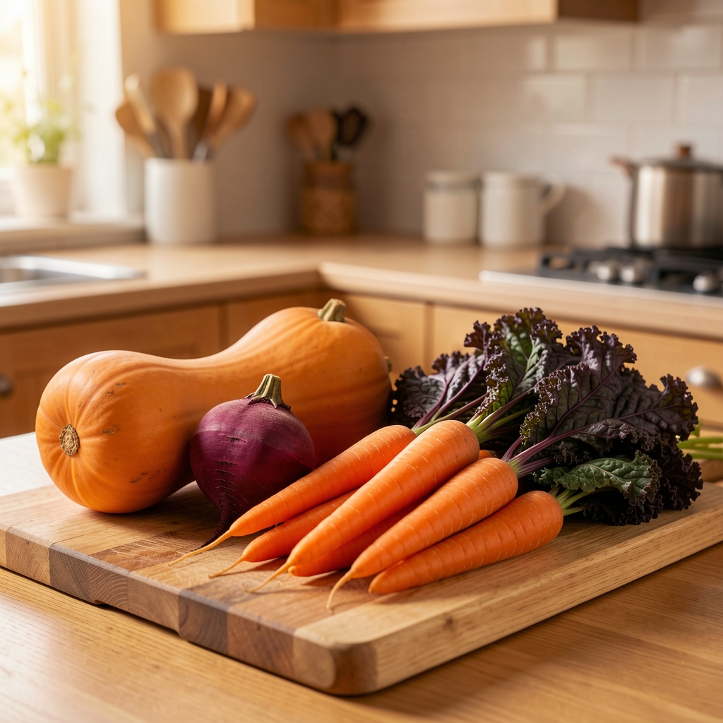 Colourful autumn vegetables on a wooden chopping board — butternut squash, purple beetroot, bright orange carrots and dark cavolo nero kale under warm kitchen lighting